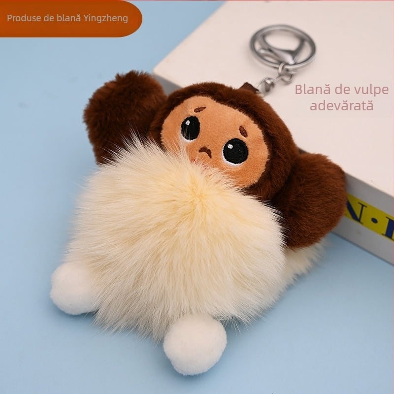 Breloc maimuță din blană de vulpe, pluș, stil minimalist