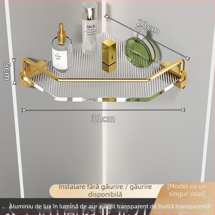 Raft de depozitare de baie din acril, design triunghiular, aliaj de aluminiu, finis oxidat, set de șase piese