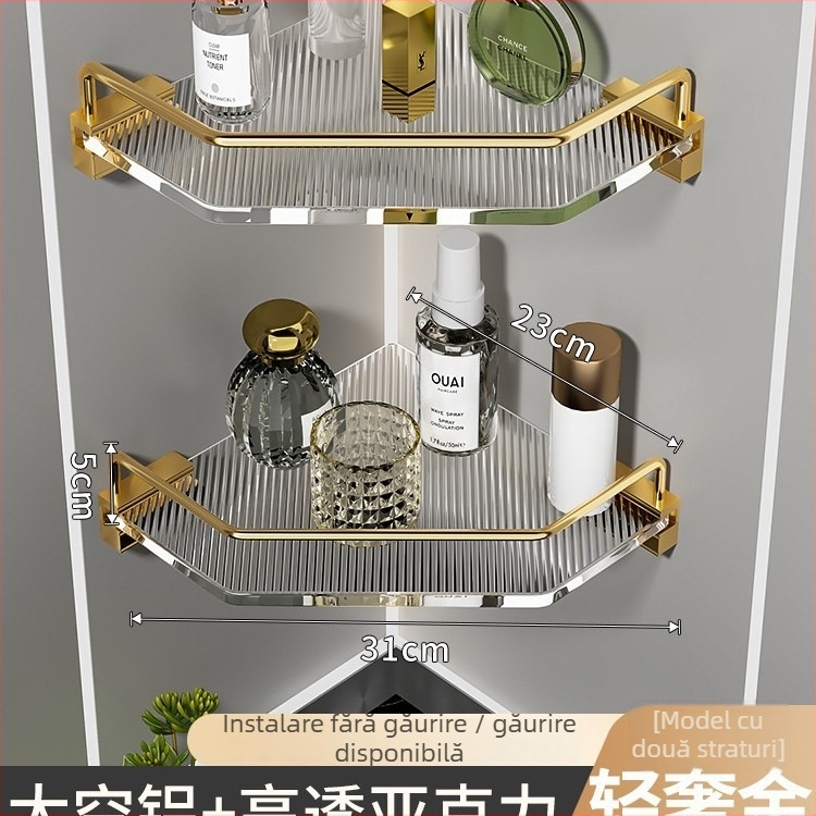 Raft de depozitare de baie din acril, design triunghiular, aliaj de aluminiu, finis oxidat, set de șase piese