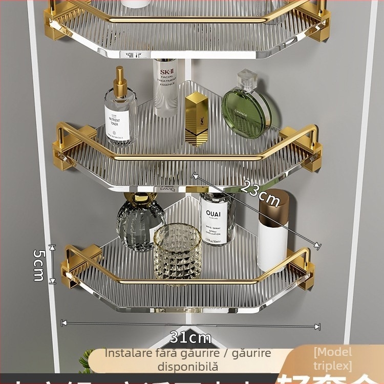 Raft de depozitare de baie din acril, design triunghiular, aliaj de aluminiu, finis oxidat, set de șase piese