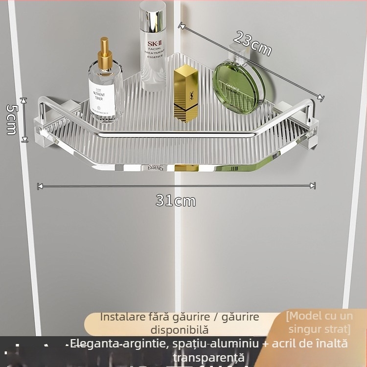 Raft de depozitare de baie din acril, design triunghiular, aliaj de aluminiu, finis oxidat, set de șase piese