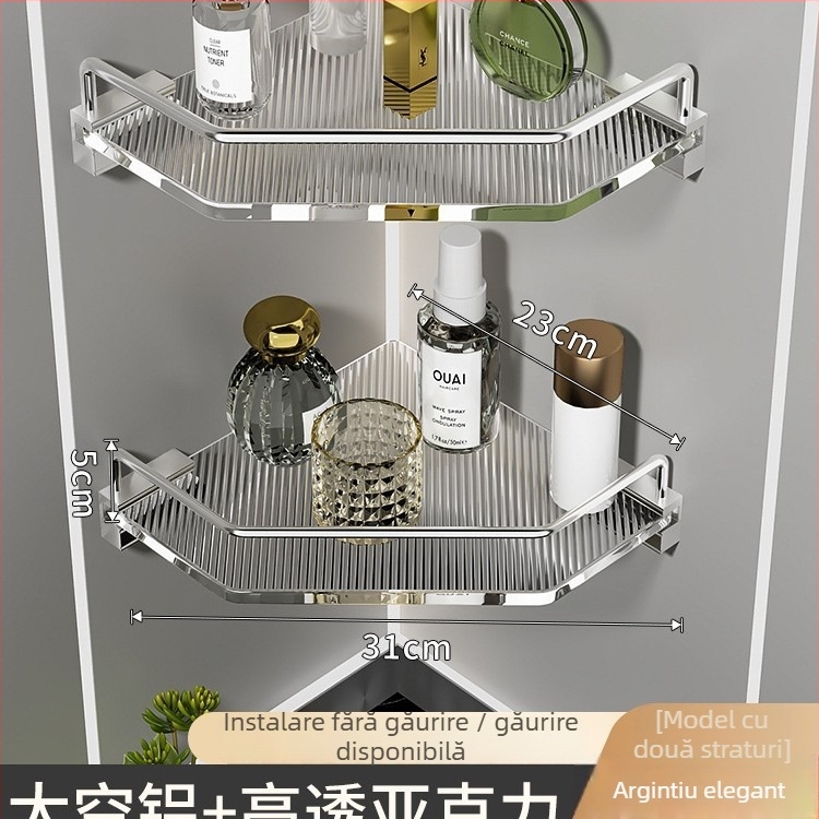 Raft de depozitare de baie din acril, design triunghiular, aliaj de aluminiu, finis oxidat, set de șase piese