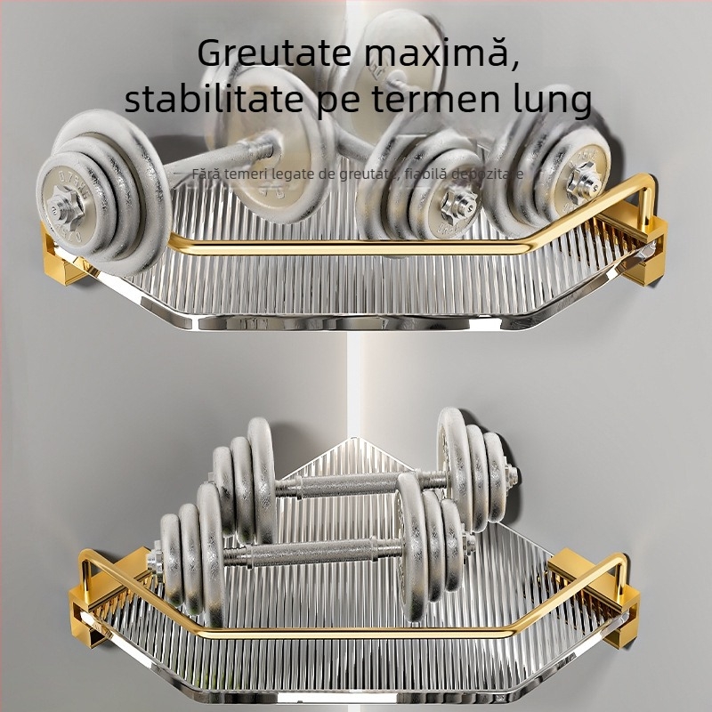 Raft de depozitare de baie din acril, design triunghiular, aliaj de aluminiu, finis oxidat, set de șase piese