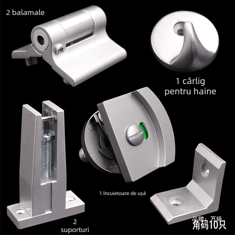 Set hardware pentru separatoare de toalete publice, cu componente din aluminiu: încuietoare, balamale, indicator și picioare de susținere