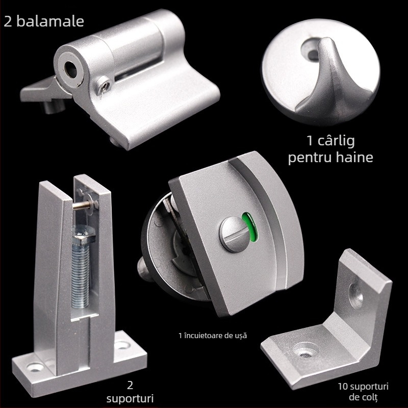 Set hardware pentru separatoare de toalete publice, cu componente din aluminiu: încuietoare, balamale, indicator și picioare de susținere