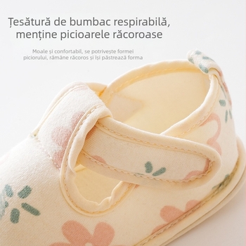 Pantofi bebeluși cu talpă moale, curea cu imprimeu desen, partea superioară din bumbac, talpă din material compozit, pentru 6-12 luni