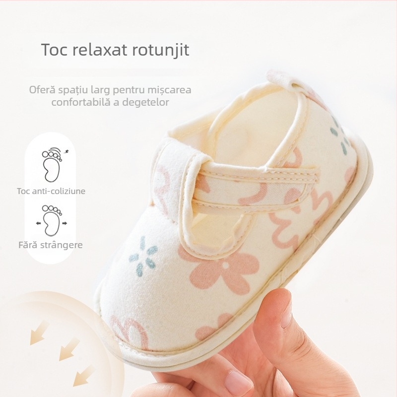 Pantofi bebeluși cu talpă moale, curea cu imprimeu desen, partea superioară din bumbac, talpă din material compozit, pentru 6-12 luni