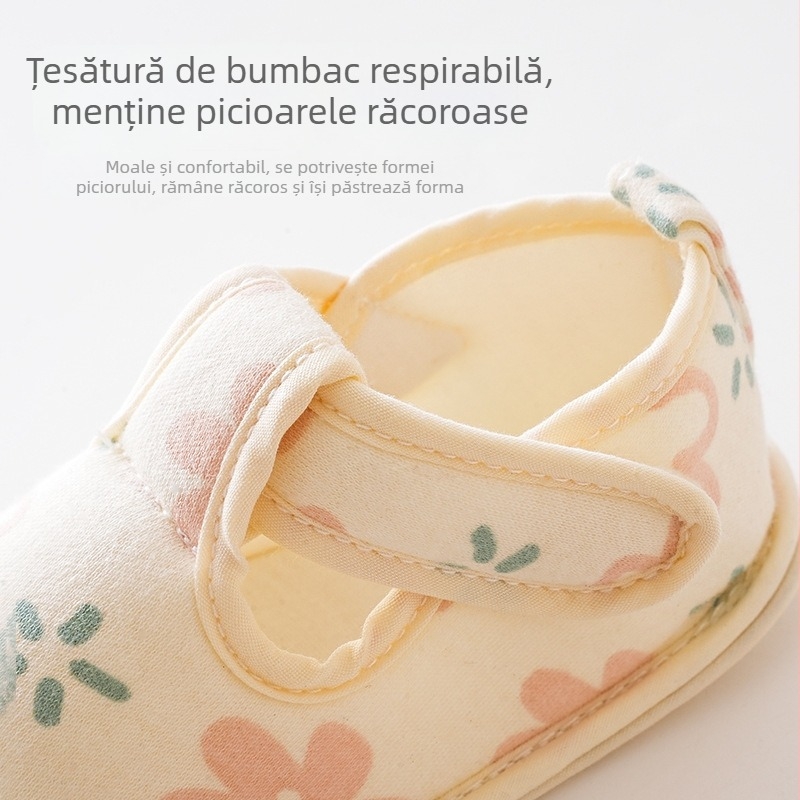 Pantofi bebeluși cu talpă moale, curea cu imprimeu desen, partea superioară din bumbac, talpă din material compozit, pentru 6-12 luni