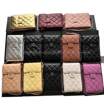 Geantă pentru telefon din piele naturală de primă clasă, formă verticală pătrată, curea din lanț, buzunar pentru fotografii în interior