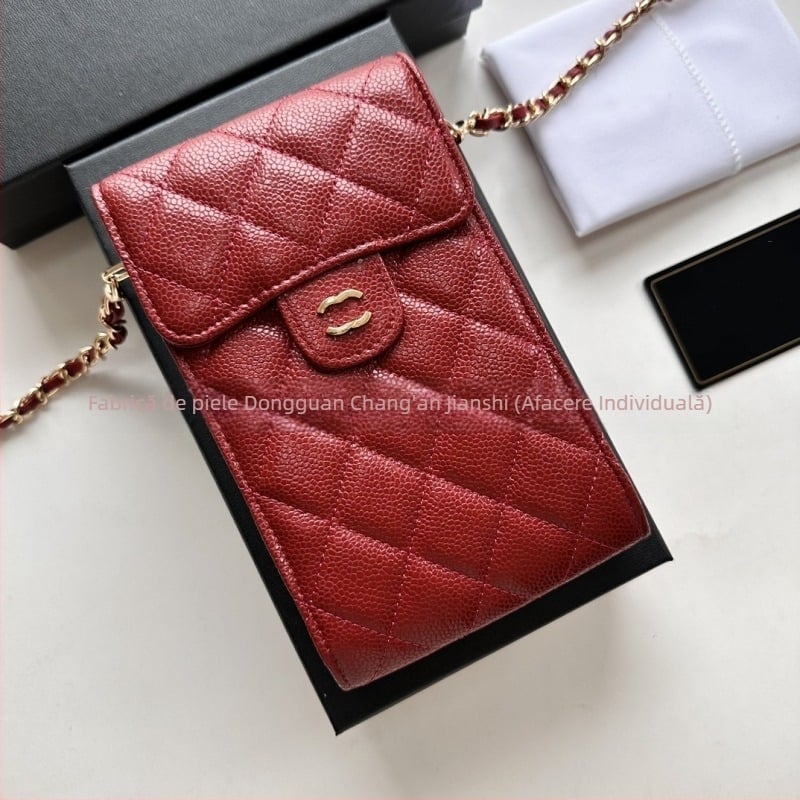 Geantă pentru telefon din piele naturală de primă clasă, formă verticală pătrată, curea din lanț, buzunar pentru fotografii în interior