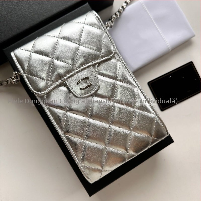 Geantă pentru telefon din piele naturală de primă clasă, formă verticală pătrată, curea din lanț, buzunar pentru fotografii în interior