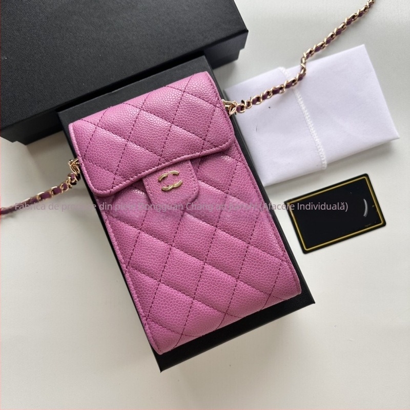 Geantă pentru telefon din piele naturală de primă clasă, formă verticală pătrată, curea din lanț, buzunar pentru fotografii în interior