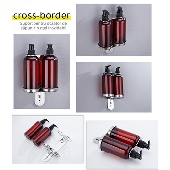 Suport din oțel inoxidabil montat pe perete pentru sticle de săpun, dezinfectant pentru mâini, gel de duș și balsam; dispenser cu acționare manuală; design modern minimalist; greutate 0,35 kg; potrivit pentru hoteluri, apartamente și băi.