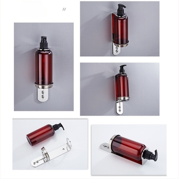 Suport din oțel inoxidabil montat pe perete pentru sticle de săpun, dezinfectant pentru mâini, gel de duș și balsam; dispenser cu acționare manuală; design modern minimalist; greutate 0,35 kg; potrivit pentru hoteluri, apartamente și băi.