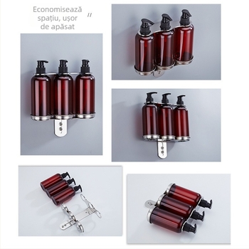 Suport din oțel inoxidabil montat pe perete pentru sticle de săpun, dezinfectant pentru mâini, gel de duș și balsam; dispenser cu acționare manuală; design modern minimalist; greutate 0,35 kg; potrivit pentru hoteluri, apartamente și băi.
