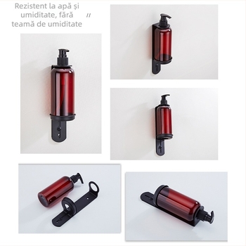 Suport din oțel inoxidabil montat pe perete pentru sticle de săpun, dezinfectant pentru mâini, gel de duș și balsam; dispenser cu acționare manuală; design modern minimalist; greutate 0,35 kg; potrivit pentru hoteluri, apartamente și băi.