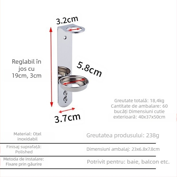 Suport din oțel inoxidabil montat pe perete pentru sticle de săpun, dezinfectant pentru mâini, gel de duș și balsam; dispenser cu acționare manuală; design modern minimalist; greutate 0,35 kg; potrivit pentru hoteluri, apartamente și băi.