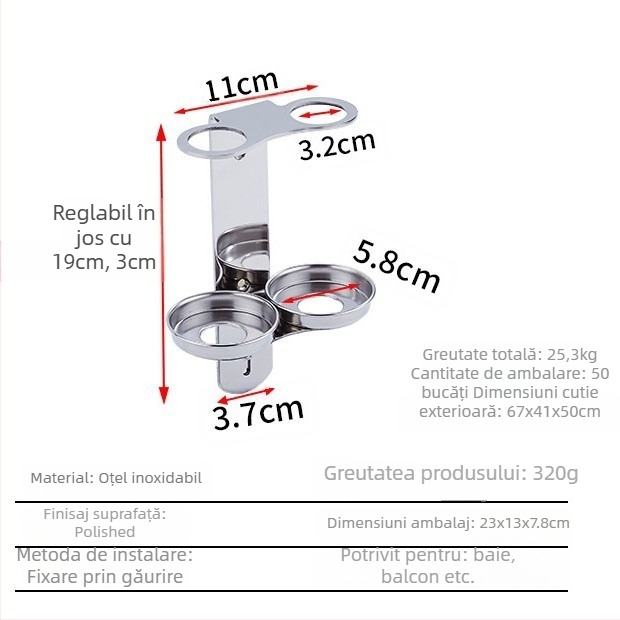 Suport din oțel inoxidabil montat pe perete pentru sticle de săpun, dezinfectant pentru mâini, gel de duș și balsam; dispenser cu acționare manuală; design modern minimalist; greutate 0,35 kg; potrivit pentru hoteluri, apartamente și băi.