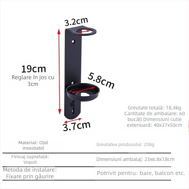 Suport din oțel inoxidabil montat pe perete pentru sticle de săpun, dezinfectant pentru mâini, gel de duș și balsam; dispenser cu acționare manuală; design modern minimalist; greutate 0,35 kg; potrivit pentru hoteluri, apartamente și băi.