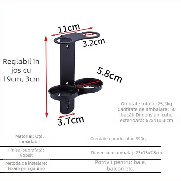 Suport din oțel inoxidabil montat pe perete pentru sticle de săpun, dezinfectant pentru mâini, gel de duș și balsam; dispenser cu acționare manuală; design modern minimalist; greutate 0,35 kg; potrivit pentru hoteluri, apartamente și băi.