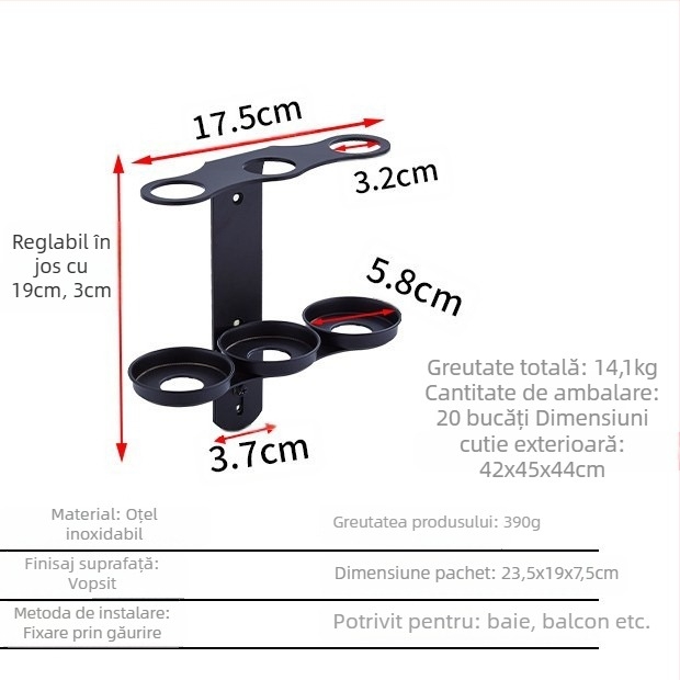 Suport din oțel inoxidabil montat pe perete pentru sticle de săpun, dezinfectant pentru mâini, gel de duș și balsam; dispenser cu acționare manuală; design modern minimalist; greutate 0,35 kg; potrivit pentru hoteluri, apartamente și băi.
