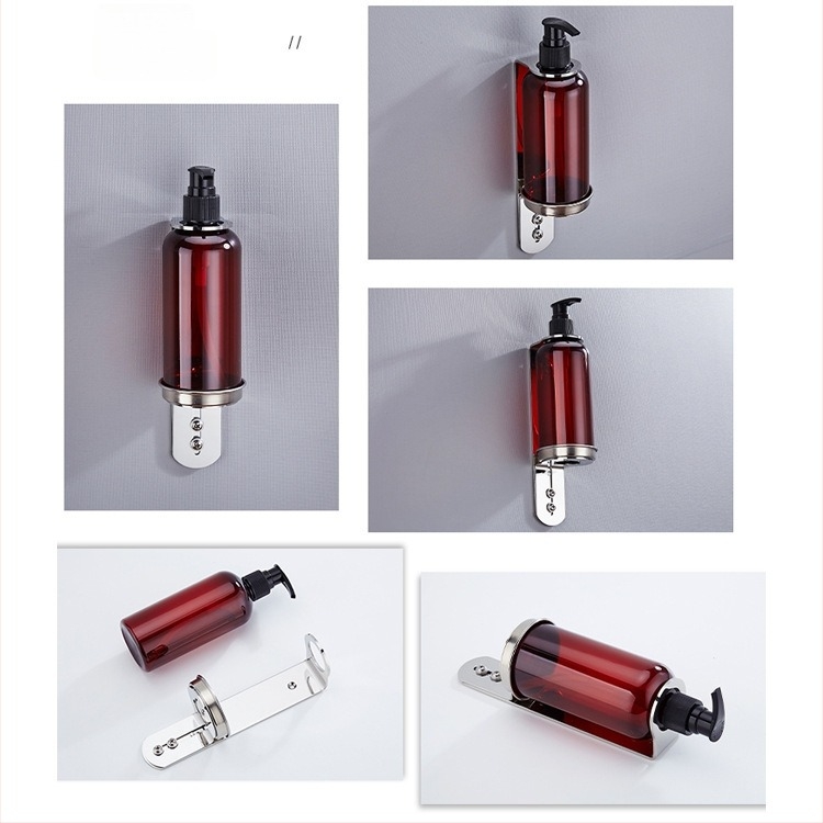 Suport din oțel inoxidabil montat pe perete pentru sticle de săpun, dezinfectant pentru mâini, gel de duș și balsam; dispenser cu acționare manuală; design modern minimalist; greutate 0,35 kg; potrivit pentru hoteluri, apartamente și băi.