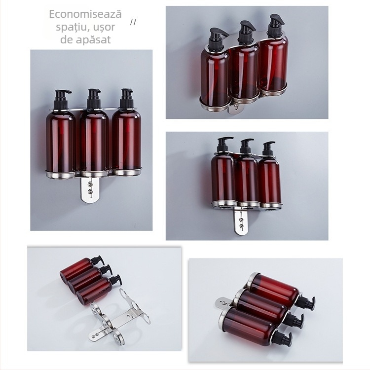 Suport din oțel inoxidabil montat pe perete pentru sticle de săpun, dezinfectant pentru mâini, gel de duș și balsam; dispenser cu acționare manuală; design modern minimalist; greutate 0,35 kg; potrivit pentru hoteluri, apartamente și băi.