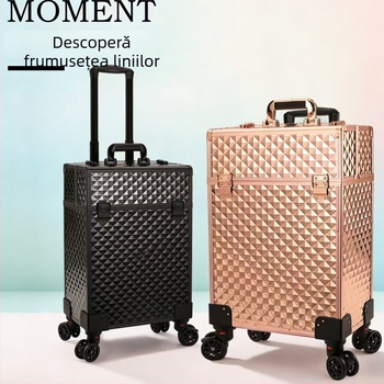 Cutie de machiaj cu tijă de tragere, ABS, roți universale, închidere cu lacăt