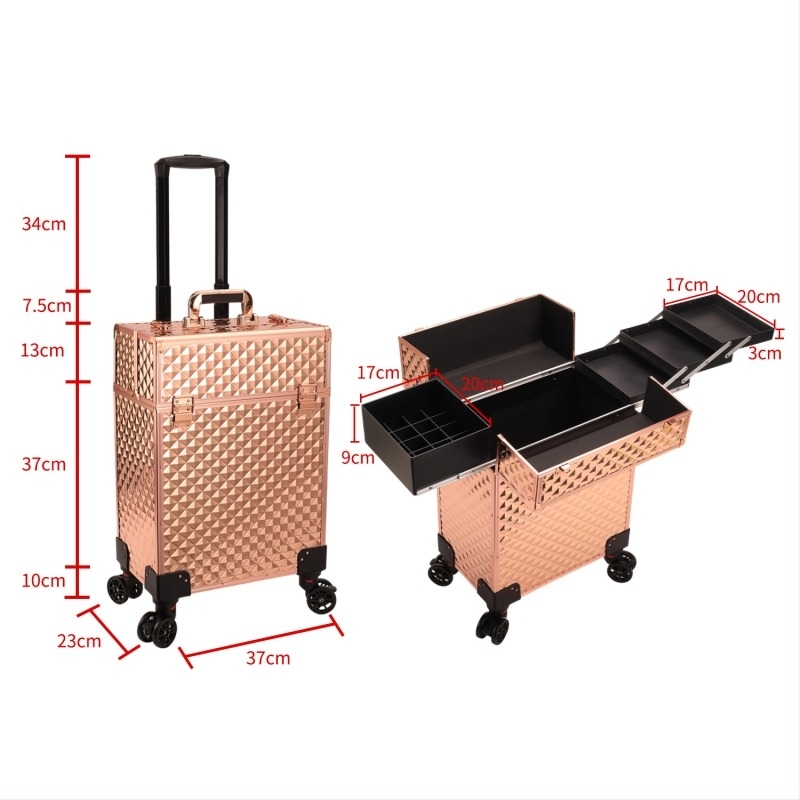 Cutie de machiaj cu tijă de tragere, ABS, roți universale, închidere cu lacăt