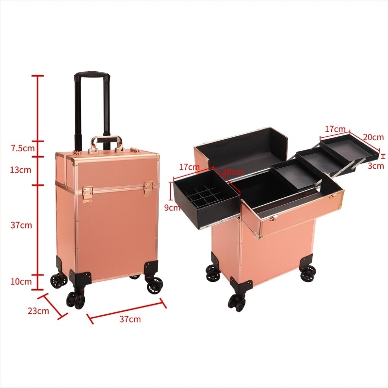 Cutie de machiaj cu tijă de tragere, ABS, roți universale, închidere cu lacăt