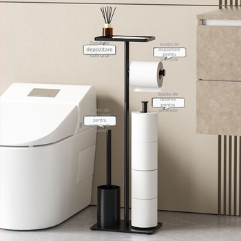 Suport de podea pentru role de hârtie igienică și periuță de toaletă cu sertar – stil modern minimalist, oțel inoxidabil, finisaj vopsit, set din două piese, brand Dragon Quan