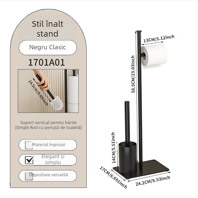 Suport de podea pentru role de hârtie igienică și periuță de toaletă cu sertar – stil modern minimalist, oțel inoxidabil, finisaj vopsit, set din două piese, brand Dragon Quan