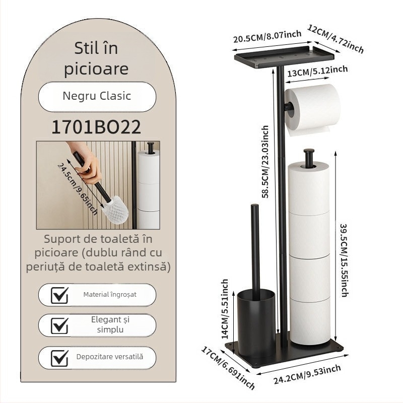 Suport de podea pentru role de hârtie igienică și periuță de toaletă cu sertar – stil modern minimalist, oțel inoxidabil, finisaj vopsit, set din două piese, brand Dragon Quan