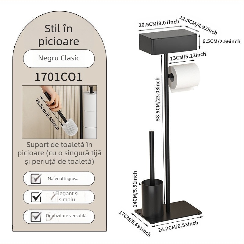 Suport de podea pentru role de hârtie igienică și periuță de toaletă cu sertar – stil modern minimalist, oțel inoxidabil, finisaj vopsit, set din două piese, brand Dragon Quan