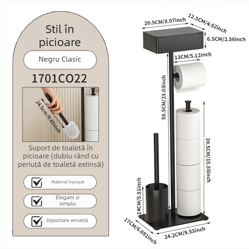Suport de podea pentru role de hârtie igienică și periuță de toaletă cu sertar – stil modern minimalist, oțel inoxidabil, finisaj vopsit, set din două piese, brand Dragon Quan