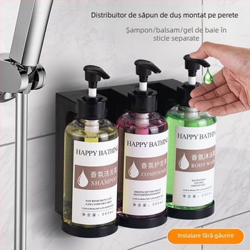 Dozator de săpun montat pe perete, fără găuri – acționare manuală prin apăsare; pentru baie de hotel; distribuie săpun, dezinfectant, șampon și gel de duș; corp din plastic.