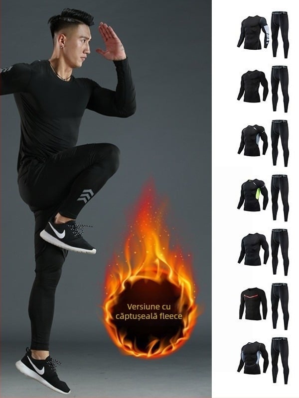 Set sport pentru bărbați: top cu fleece și pantaloni pentru antrenament — iarnă, primăvară, toamnă; material din amestec de fibre sintetice, 90% poliester