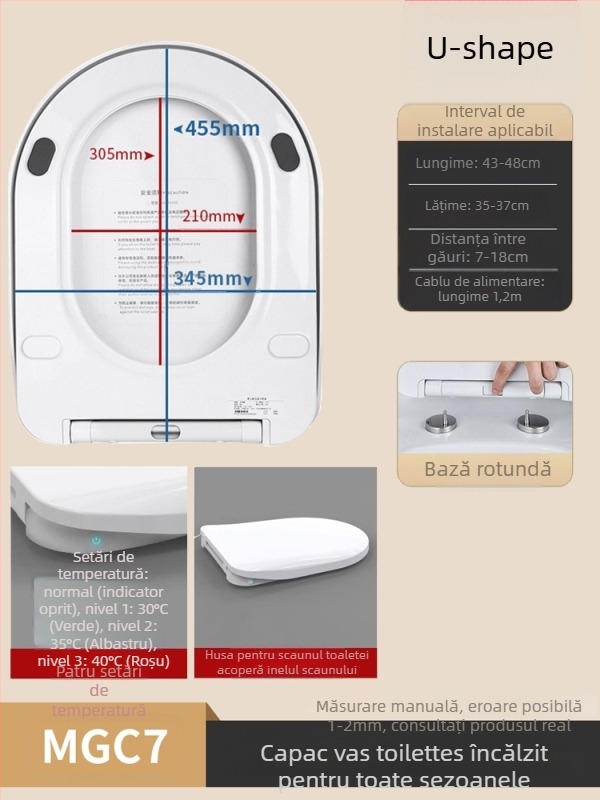 Scaun de toaletă încălzit, control inteligent al temperaturii, duză auto-curățabilă, spălare pentru fese și zonele feminine, model MGC1, material PP, construcție tip divizat, spălare prin sifon