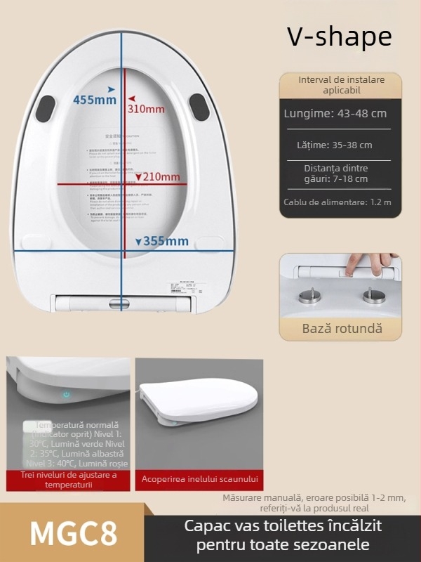 Scaun de toaletă încălzit, control inteligent al temperaturii, duză auto-curățabilă, spălare pentru fese și zonele feminine, model MGC1, material PP, construcție tip divizat, spălare prin sifon