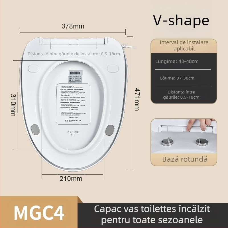 Scaun de toaletă încălzit, control inteligent al temperaturii, duză auto-curățabilă, spălare pentru fese și zonele feminine, model MGC1, material PP, construcție tip divizat, spălare prin sifon