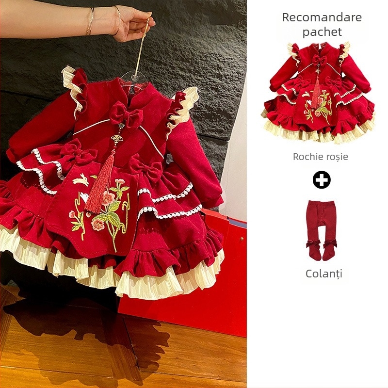 Rochie pentru fetițe, stil prințesă, siluetă A-line; țesătură principală: poliester; căptușeală: poliester; model floral; pentru vârsta 1–3 ani