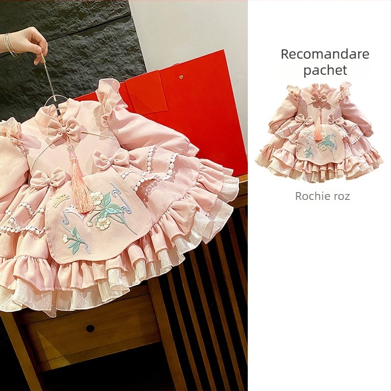 Rochie pentru fetițe, stil prințesă, siluetă A-line; țesătură principală: poliester; căptușeală: poliester; model floral; pentru vârsta 1–3 ani