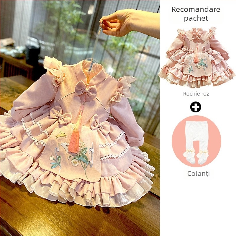 Rochie pentru fetițe, stil prințesă, siluetă A-line; țesătură principală: poliester; căptușeală: poliester; model floral; pentru vârsta 1–3 ani