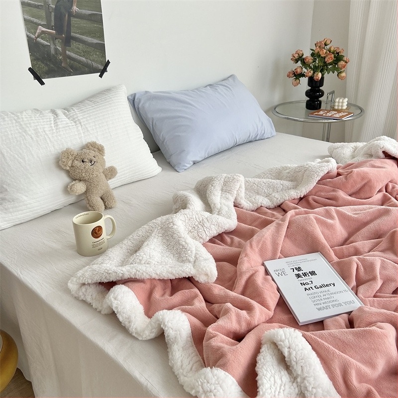 Cuvertură pentru canapea cu două straturi, culoare solidă, caldă, din velur de lapte și lână de miel, patchwork, imprimeu cu camelia