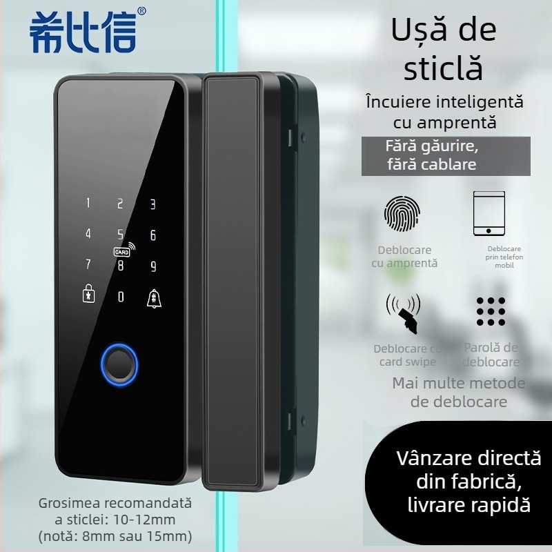 Încuietoare electronică pentru ușă de sticlă cu amprentă și parolă, modelul 01, capacitate amprente 100, timp de scanare <0,3 s, alimentare DC