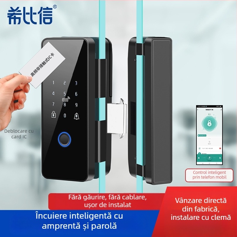 Încuietoare electronică pentru ușă de sticlă cu amprentă și parolă, modelul 01, capacitate amprente 100, timp de scanare <0,3 s, alimentare DC