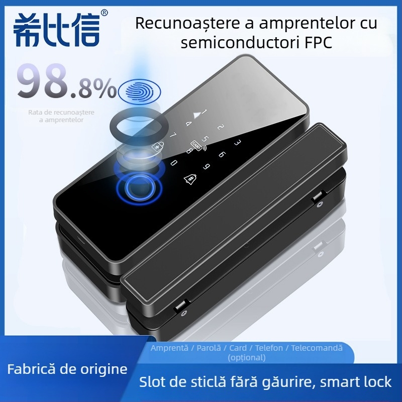 Încuietoare electronică pentru ușă de sticlă cu amprentă și parolă, modelul 01, capacitate amprente 100, timp de scanare <0,3 s, alimentare DC