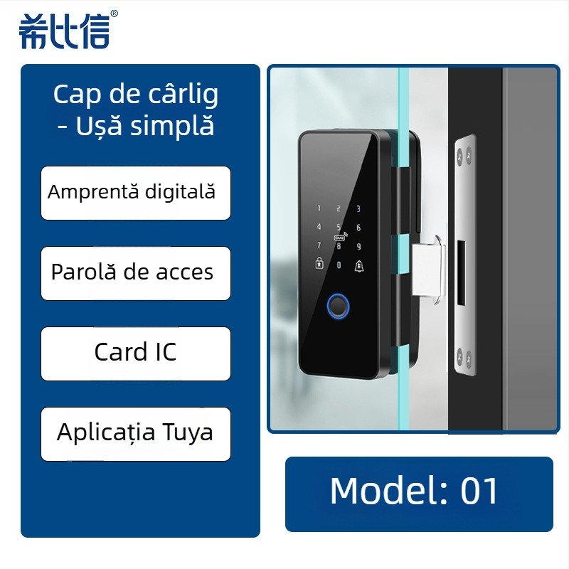 Încuietoare electronică pentru ușă de sticlă cu amprentă și parolă, modelul 01, capacitate amprente 100, timp de scanare <0,3 s, alimentare DC