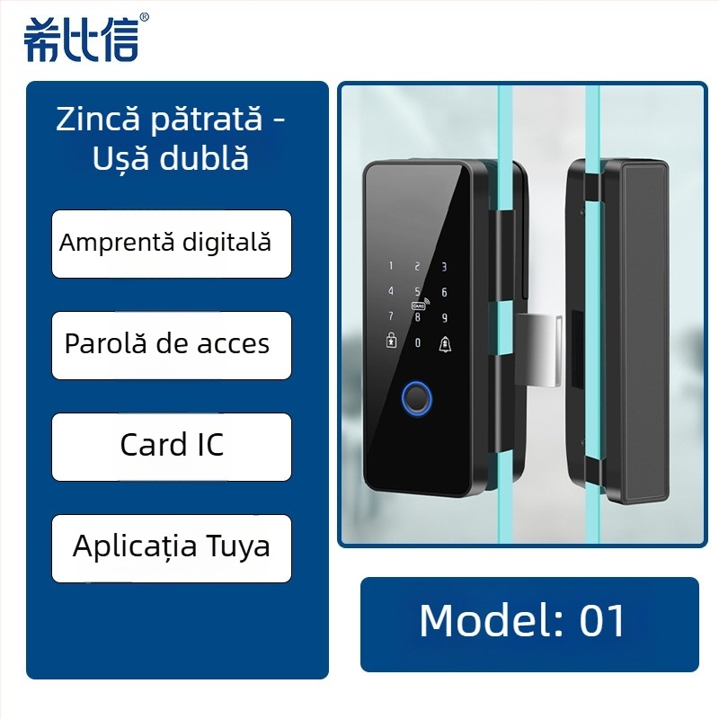 Încuietoare electronică pentru ușă de sticlă cu amprentă și parolă, modelul 01, capacitate amprente 100, timp de scanare <0,3 s, alimentare DC