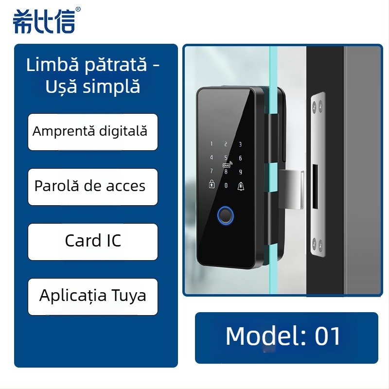 Încuietoare electronică pentru ușă de sticlă cu amprentă și parolă, modelul 01, capacitate amprente 100, timp de scanare <0,3 s, alimentare DC